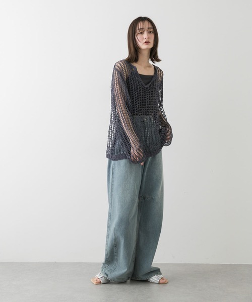 SENSE OF PLACE by URBAN RESEARCH（センスオブプレイスバイアーバンリサーチ）の「キーネックメッシュニット（ニット/セーター・レディース・アイボリー/ブラウン/ネイビー・ONE）」の7枚目の写真