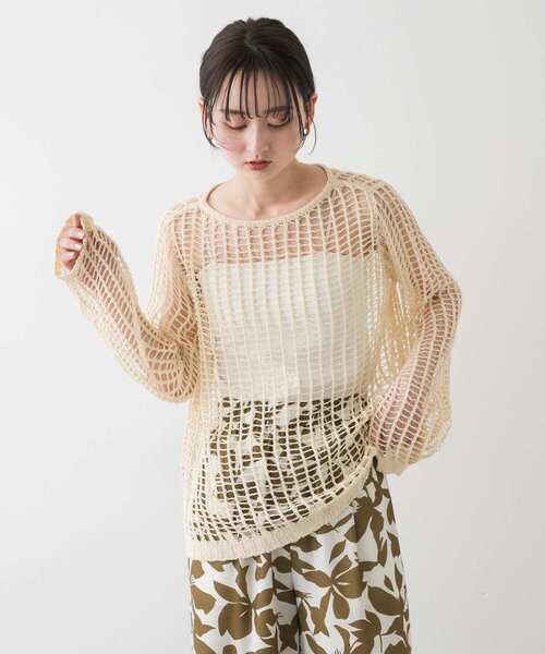 SENSE OF PLACE by URBAN RESEARCH（センスオブプレイスバイアーバンリサーチ）の「キーネックメッシュニット（ニット/セーター・レディース・アイボリー/ブラウン/ネイビー・ONE）」の11枚目の写真