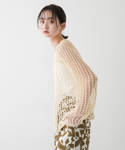 SENSE OF PLACE by URBAN RESEARCH（センスオブプレイスバイアーバンリサーチ）の「キーネックメッシュニット（ニット/セーター・レディース・アイボリー/ブラウン/ネイビー・ONE）」の12枚目の写真