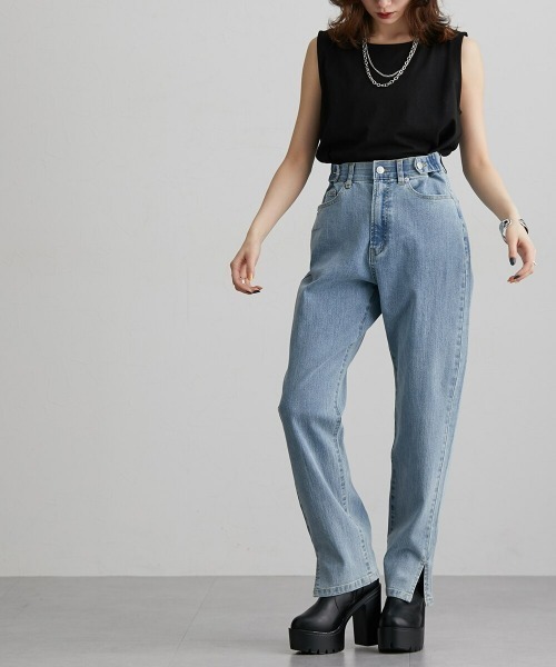 Soiunique（スワユニーク）の「サイドスリットストレートデニムパンツ　（ウエストボタン調節可能）　［Soiunique］（デニムパンツ・レディース・ブルー/ネイビー・M/L/LL）」の22枚目の写真