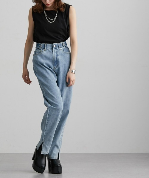 Soiunique（スワユニーク）の「サイドスリットストレートデニムパンツ　（ウエストボタン調節可能）　［Soiunique］（デニムパンツ・レディース・ブルー/ネイビー・M/L/LL）」の21枚目の写真