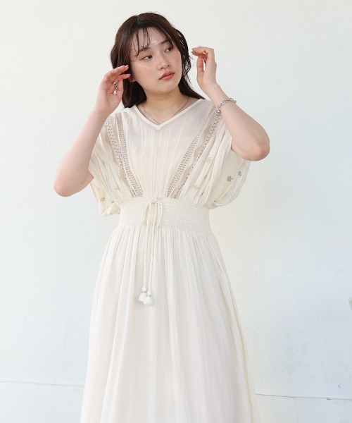 ランバンコレクション　高級ウエストシャーリングワンピース　美品 セール】レディース 小花柄オープンショルダーシャーリング