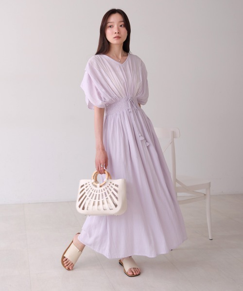 ◆MICHAA(ミーシャ)ウエストシャーリングボリュームワンピース ◇MICHAA(ミーシャ)ウエストシャーリングボリュームワンピース