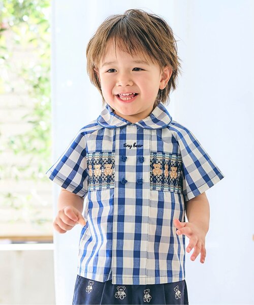 apres les cours（アプレレクール）の「半袖Tiny bear スモッキング刺繍半袖シャツ（シャツ/ブラウス・キッズ・チェック/ストライプ・80/90/100/110/120）」の2枚目の写真