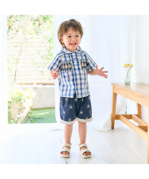 apres les cours（アプレレクール）の「半袖Tiny bear スモッキング刺繍半袖シャツ（シャツ/ブラウス・キッズ・チェック/ストライプ・80/90/100/110/120）」の3枚目の写真