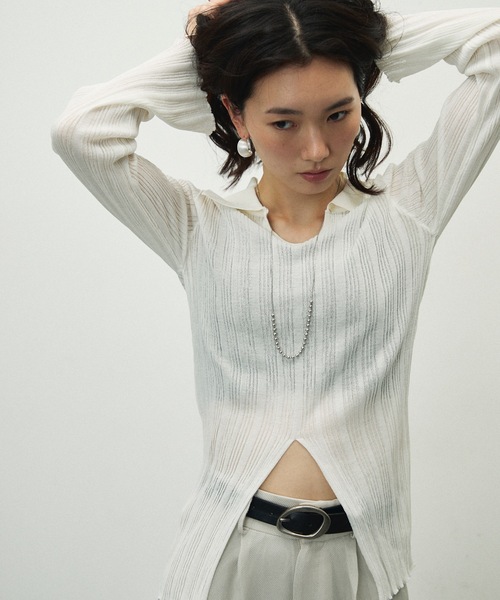 セール】Center Slit Sheer Rib Polo Collar Top / センター