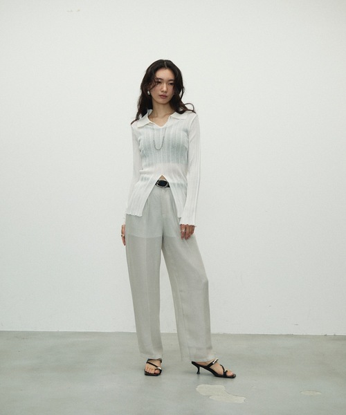 Center Slit Sheer Rib Polo Collar Top / センタースリット