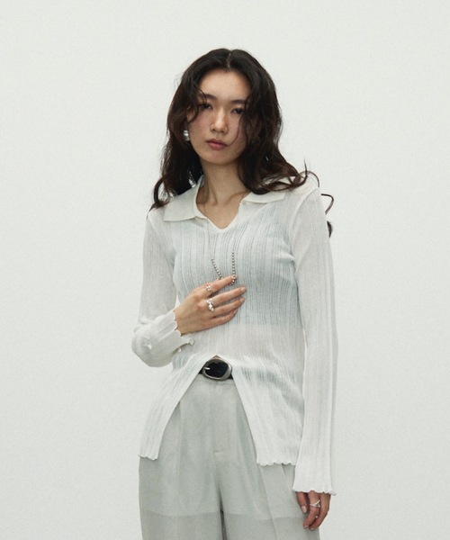 セール】Center Slit Sheer Rib Polo Collar Top / センター