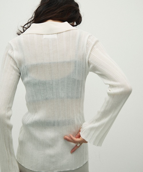 Lutim by u（ルチバイユー）の「Center Slit Sheer Rib Polo Collar Top / センタースリット・シアーリブポロ襟トップス（ニット/セーター・レディース・ホワイト/ブラック/グレイッシュベージュ・FREE）」の17枚目の写真