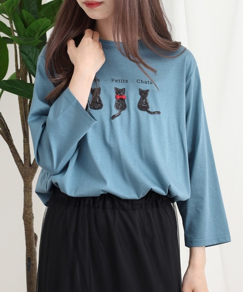 BRODIAEA(ブローディア)の「BRODIAEA スパンコール ネコデザインカットソー(Tシャツ/カットソー・レディース・ブルーグリーン/グレイッシュベージュ/ブラック/オレンジ・40)」の13枚目の写真