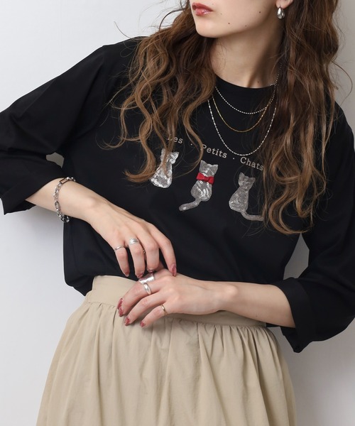 BRODIAEA(ブローディア)の「BRODIAEA スパンコール ネコデザインカットソー(Tシャツ/カットソー・レディース・ブルーグリーン/グレイッシュベージュ/ブラック/オレンジ・40)」の6枚目の写真