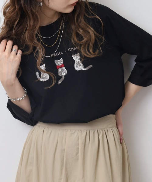 BRODIAEA(ブローディア)の「BRODIAEA スパンコール ネコデザインカットソー(Tシャツ/カットソー・レディース・ブルーグリーン/グレイッシュベージュ/ブラック/オレンジ・40)」の5枚目の写真