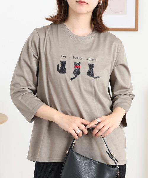 BRODIAEA(ブローディア)の「BRODIAEA スパンコール ネコデザインカットソー(Tシャツ/カットソー・レディース・ブルーグリーン/グレイッシュベージュ/ブラック/オレンジ・40)」の9枚目の写真