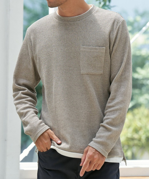 ikka(イッカ)の「メランジワッフルポケフェイクロンT(Tシャツ/カットソー・メンズ・ブラック/ベージュ/ワイン/ライム/ネイビー・S/M/L/XL)」の1枚目の写真