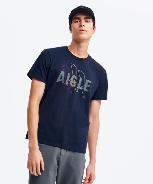 AIGLE(エーグル)の「吸水速乾 抗菌防臭 ロゴプリントTシャツ(Tシャツ/カットソー・メンズ・ダークネイビー/ベージュ・S/XL/L/M)」の2枚目の写真