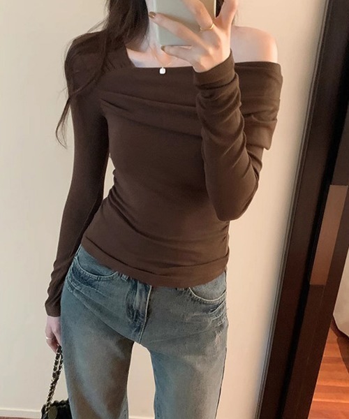 Miniministore（ミニミニストア）の「ワンオフショルダーTシャツ肩出しトップス（Tシャツ/カットソー・レディース・ブラック/ブラウン/ホワイト・FREE）」の16枚目の写真
