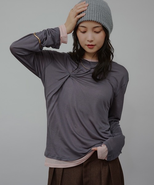 MUHET(ミュエータ)の「sheer layered twist top / シアーレイヤードツイストトップス(Tシャツ/カットソー・レディース・ブラウン/ブラック/チャコールグレー・FREE)」の3枚目の写真
