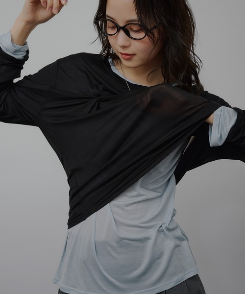 MUHET(ミュエータ)の「sheer layered twist top / シアーレイヤードツイストトップス(Tシャツ/カットソー・レディース・ブラウン/ブラック/チャコールグレー・FREE)」の6枚目の写真