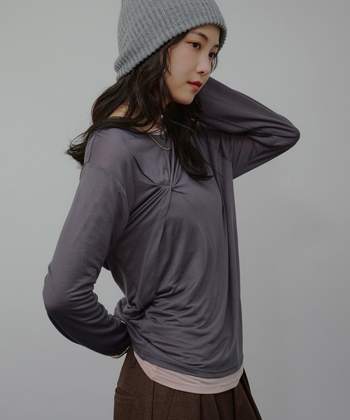 MUHET(ミュエータ)の「sheer layered twist top / シアーレイヤードツイストトップス(Tシャツ/カットソー・レディース・ブラウン/ブラック/チャコールグレー・FREE)」の18枚目の写真