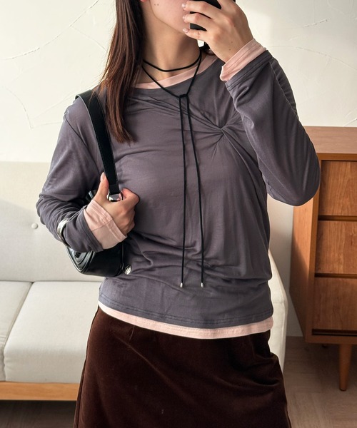 MUHET(ミュエータ)の「sheer layered twist top / シアーレイヤードツイストトップス(Tシャツ/カットソー・レディース・ブラウン/ブラック/チャコールグレー・FREE)」の15枚目の写真