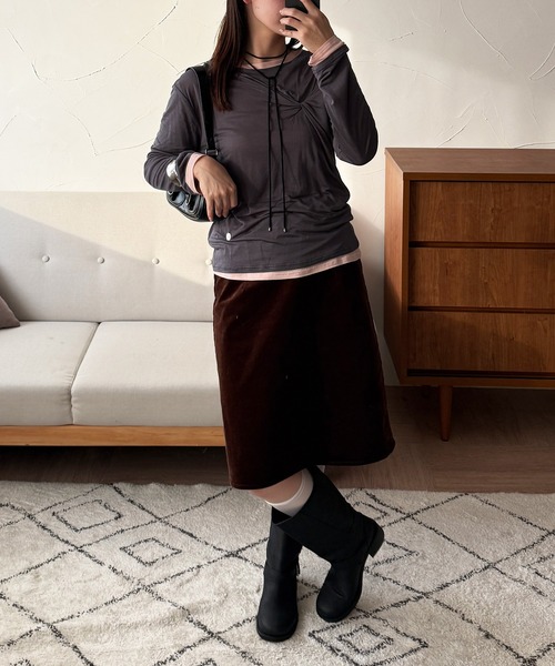MUHET(ミュエータ)の「sheer layered twist top / シアーレイヤードツイストトップス(Tシャツ/カットソー・レディース・ブラウン/ブラック/チャコールグレー・FREE)」の16枚目の写真