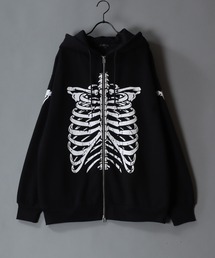 SITRY（シトリー）の「Bone Print Hoodie with Devil's Horn/ボーンプリント デビルフード オーバーサイズ ダブルジップ 裏起毛 フルジップパーカー フーディー パーカー スウェット レディース メンズ（パーカー）」