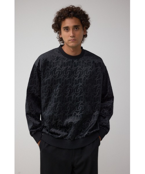 AZUL by moussy(アズールバイマウジー)の「ベロアエンボス総柄トップス(Tシャツ/カットソー・メンズ・ダークネイビー/ブラック・MEDIUM/LARGE)」の1枚目の写真