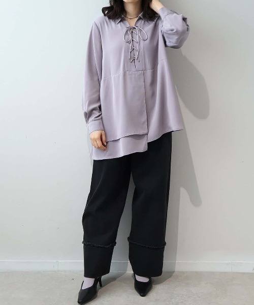 leswel(レスウェル)の「【L~5L 大きいサイズ】サテンレースアップアシメブラウス(シャツ/ブラウス・レディース・ラベンダー/チャコールグレー/キャメル・5L/4L/3L/LL/L)」の8枚目の写真