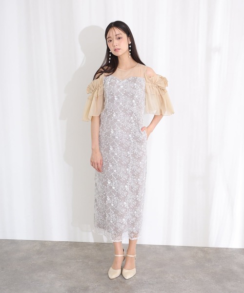 PourVous(プールヴー)の「ミモレ丈&七分袖 フォーマル ブロッサムスパンコール チュール Iライン オフショル風セレモニー 結婚式 二次会 パーティー ドレス オケージョンドレス お呼ばれ 同窓会 成人式 (ドレス・レディース・ライトグレー/ベージュ/ブラック・S/M)」の3枚目の写真