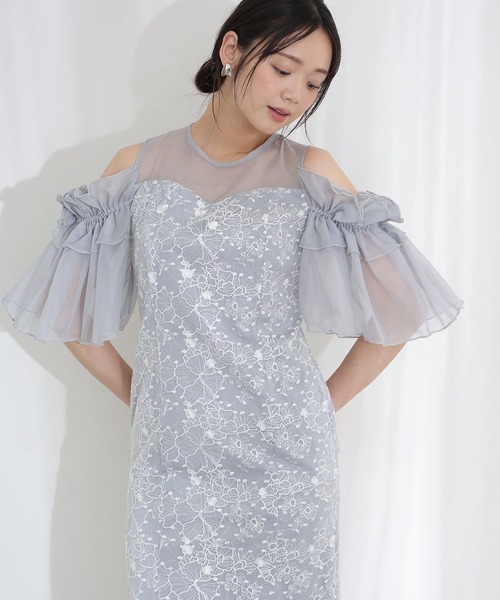 ミモレ丈&七分袖フォーマルブロッサムスパンコールチュールIラインオフショル風セレモニー結婚式二次会パーティードレスオケージョンドレス同窓会成人式