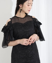 ミモレ丈&七分袖 フォーマル ブロッサムスパンコール チュール Iライン オフショル風セレモニー 結婚式 二次会 パーティー ドレス オケージョンドレス お呼ばれ 同窓会 成人式