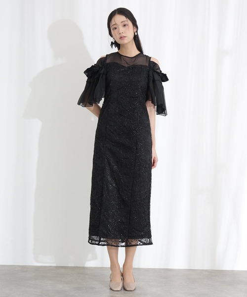 PourVous(プールヴー)の「ミモレ丈&七分袖 フォーマル ブロッサムスパンコール チュール Iライン オフショル風セレモニー 結婚式 二次会 パーティー ドレス オケージョンドレス お呼ばれ 同窓会 成人式 (ドレス・レディース・ライトグレー/ベージュ/ブラック・S/M)」の4枚目の写真