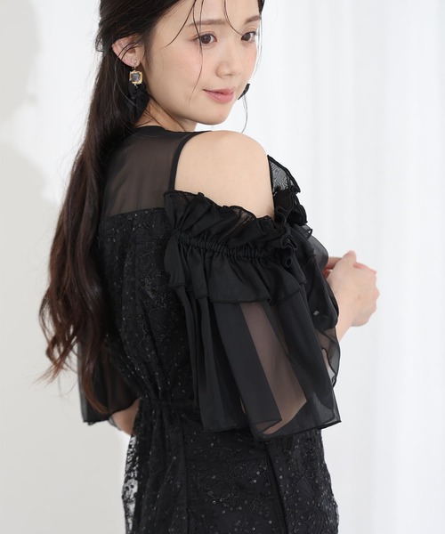 PourVous(プールヴー)の「ミモレ丈&七分袖 フォーマル ブロッサムスパンコール チュール Iライン オフショル風セレモニー 結婚式 二次会 パーティー ドレス オケージョンドレス お呼ばれ 同窓会 成人式 (ドレス・レディース・ライトグレー/ベージュ/ブラック・S/M)」の5枚目の写真