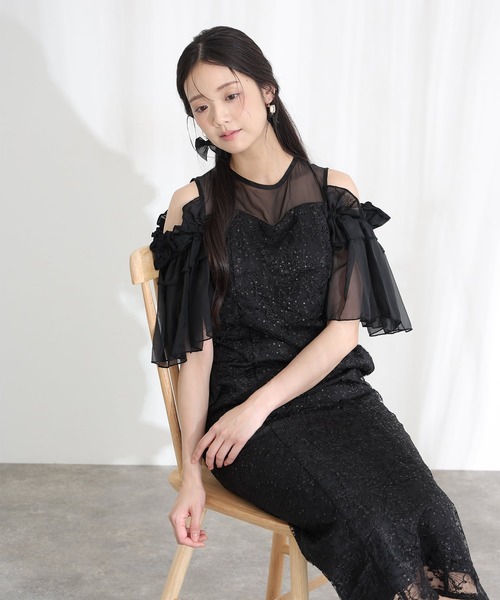 PourVous(プールヴー)の「ミモレ丈&七分袖 フォーマル ブロッサムスパンコール チュール Iライン オフショル風セレモニー 結婚式 二次会 パーティー ドレス オケージョンドレス お呼ばれ 同窓会 成人式 (ドレス・レディース・ライトグレー/ベージュ/ブラック・S/M)」の6枚目の写真