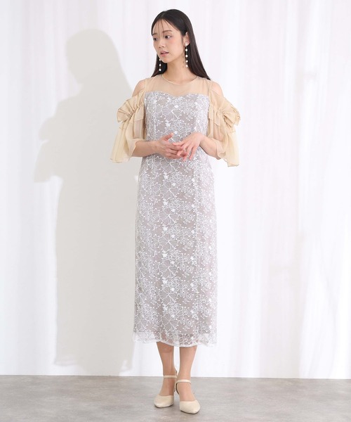 PourVous(プールヴー)の「ミモレ丈&七分袖 フォーマル ブロッサムスパンコール チュール Iライン オフショル風セレモニー 結婚式 二次会 パーティー ドレス オケージョンドレス お呼ばれ 同窓会 成人式 (ドレス・レディース・ライトグレー/ベージュ/ブラック・S/M)」の8枚目の写真