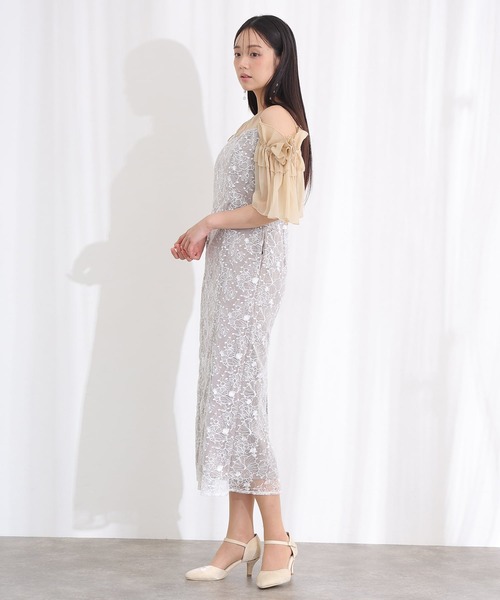 PourVous(プールヴー)の「ミモレ丈&七分袖 フォーマル ブロッサムスパンコール チュール Iライン オフショル風セレモニー 結婚式 二次会 パーティー ドレス オケージョンドレス お呼ばれ 同窓会 成人式 (ドレス・レディース・ライトグレー/ベージュ/ブラック・S/M)」の9枚目の写真