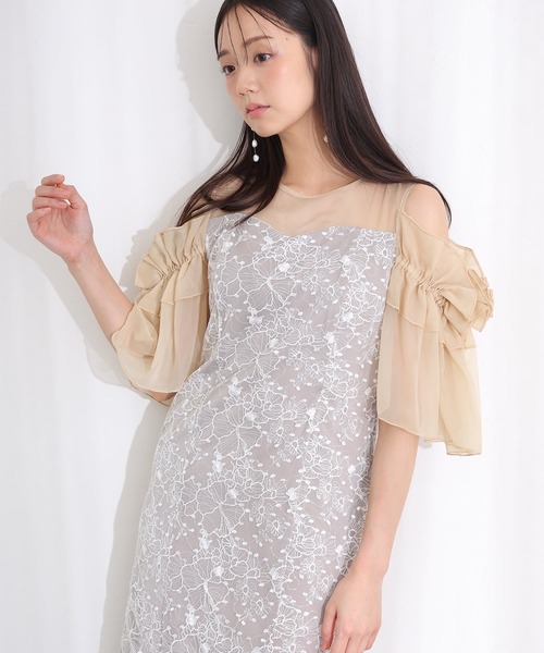 PourVous(プールヴー)の「ミモレ丈&七分袖 フォーマル ブロッサムスパンコール チュール Iライン オフショル風セレモニー 結婚式 二次会 パーティー ドレス オケージョンドレス お呼ばれ 同窓会 成人式 (ドレス・レディース・ライトグレー/ベージュ/ブラック・S/M)」の11枚目の写真