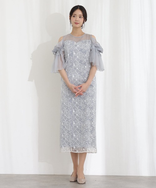 PourVous(プールヴー)の「ミモレ丈&七分袖 フォーマル ブロッサムスパンコール チュール Iライン オフショル風セレモニー 結婚式 二次会 パーティー ドレス オケージョンドレス お呼ばれ 同窓会 成人式 (ドレス・レディース・ライトグレー/ベージュ/ブラック・S/M)」の12枚目の写真