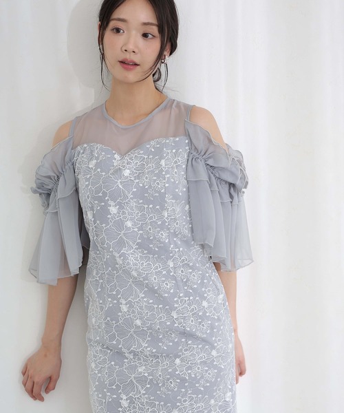 PourVous(プールヴー)の「ミモレ丈&七分袖 フォーマル ブロッサムスパンコール チュール Iライン オフショル風セレモニー 結婚式 二次会 パーティー ドレス オケージョンドレス お呼ばれ 同窓会 成人式 (ドレス・レディース・ライトグレー/ベージュ/ブラック・S/M)」の14枚目の写真