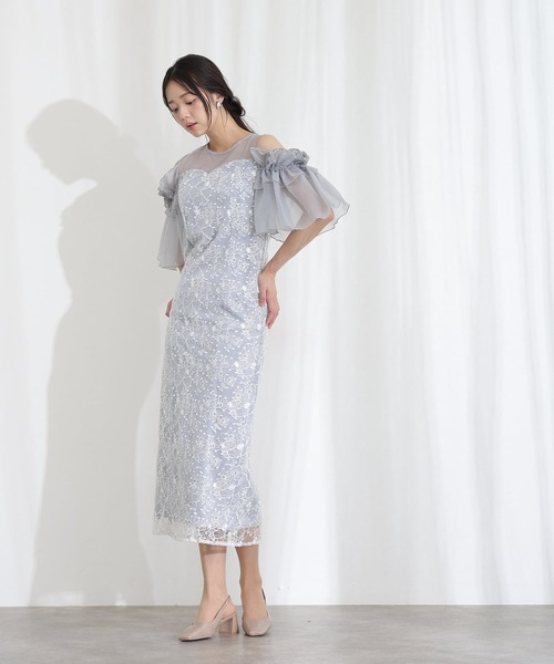 PourVous(プールヴー)の「ミモレ丈&七分袖 フォーマル ブロッサムスパンコール チュール Iライン オフショル風セレモニー 結婚式 二次会 パーティー ドレス オケージョンドレス お呼ばれ 同窓会 成人式 (ドレス・レディース・ライトグレー/ベージュ/ブラック・S/M)」の15枚目の写真