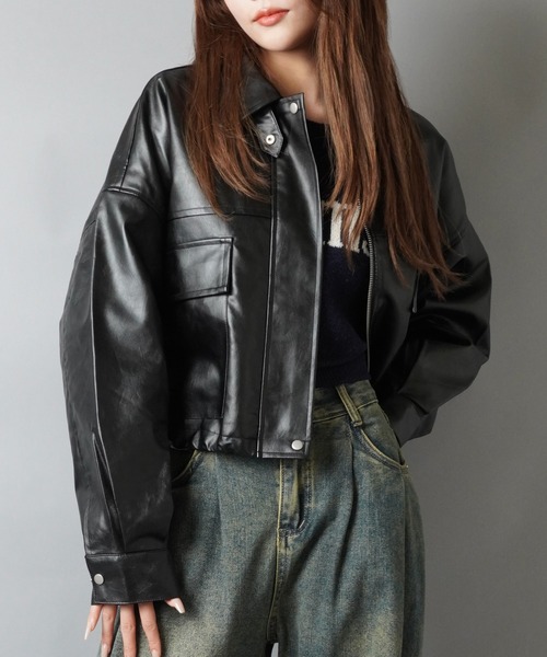 SPINNS(スピンズ)の「ショート丈合皮ジャケット(その他アウター・レディース・ブラウン/ブラック・ONESIZE)」の13枚目の写真