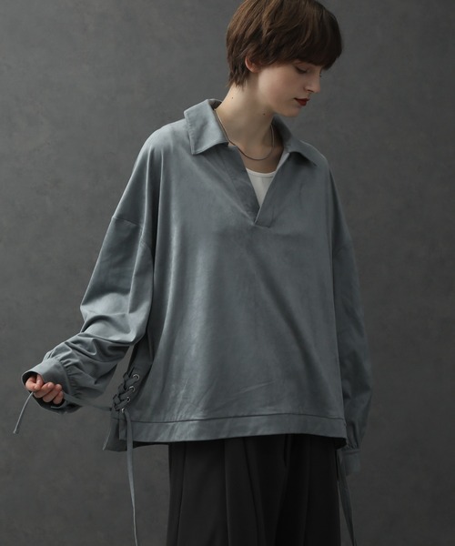 ELLUV(エルブ)の「【ELLUV/エルヴ】スプリングフェイクスウェード サイドレースアップスキッパープルオーバーシャツ(シャツ/ブラウス・メンズ・アイボリー/グレイッシュブルー/ブラック・L/M/S)」の3枚目の写真