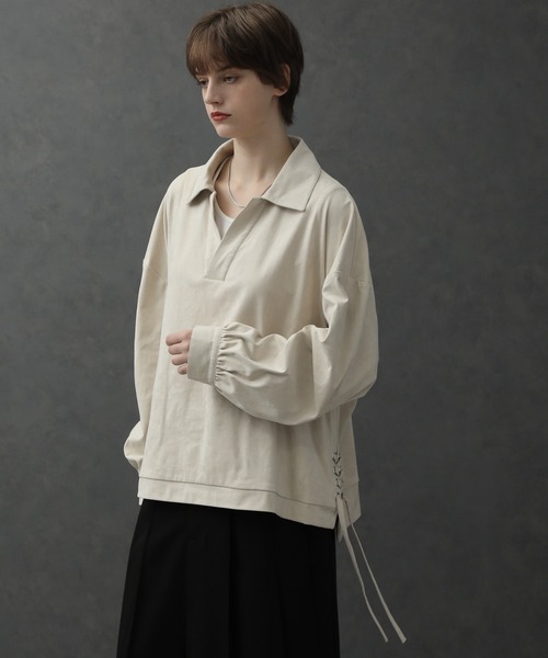 ELLUV(エルブ)の「【ELLUV/エルヴ】スプリングフェイクスウェード サイドレースアップスキッパープルオーバーシャツ(シャツ/ブラウス・メンズ・アイボリー/グレイッシュブルー/ブラック・L/M/S)」の8枚目の写真