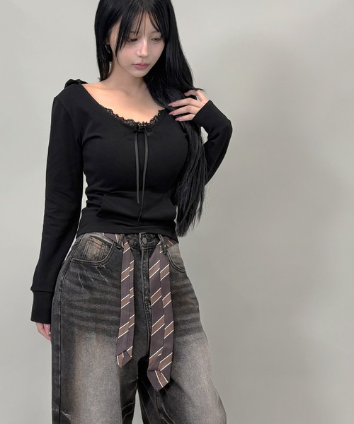 FOLLOWIN（フォロウィン）の「２color/ネクタイベルト付きヴィンテージウォッシュ ワイドデニム（デニムパンツ・レディース・ブラック/ブルー・SMALL/MEDIUM/LARGE）」の6枚目の写真