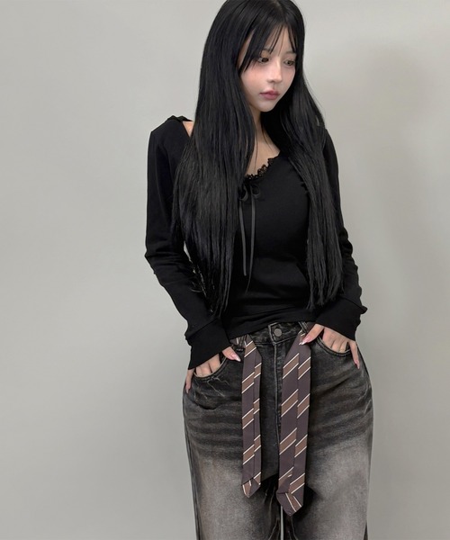 FOLLOWIN（フォロウィン）の「２color/ネクタイベルト付きヴィンテージウォッシュ ワイドデニム（デニムパンツ・レディース・ブラック/ブルー・SMALL/MEDIUM/LARGE）」の7枚目の写真
