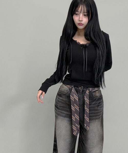 FOLLOWIN（フォロウィン）の「２color/ネクタイベルト付きヴィンテージウォッシュ ワイドデニム（デニムパンツ・レディース・ブラック/ブルー・SMALL/MEDIUM/LARGE）」の10枚目の写真