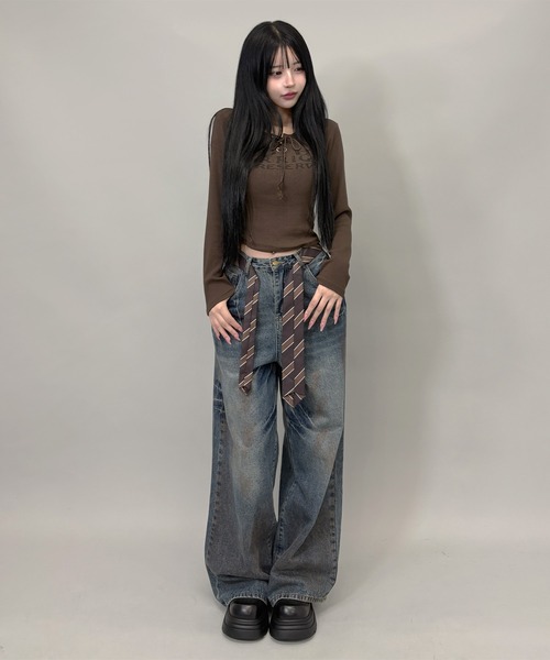FOLLOWIN（フォロウィン）の「２color/ネクタイベルト付きヴィンテージウォッシュ ワイドデニム（デニムパンツ・レディース・ブラック/ブルー・SMALL/MEDIUM/LARGE）」の17枚目の写真