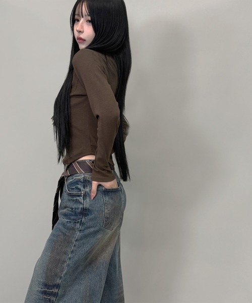 FOLLOWIN（フォロウィン）の「２color/ネクタイベルト付きヴィンテージウォッシュ ワイドデニム（デニムパンツ・レディース・ブラック/ブルー・SMALL/MEDIUM/LARGE）」の20枚目の写真