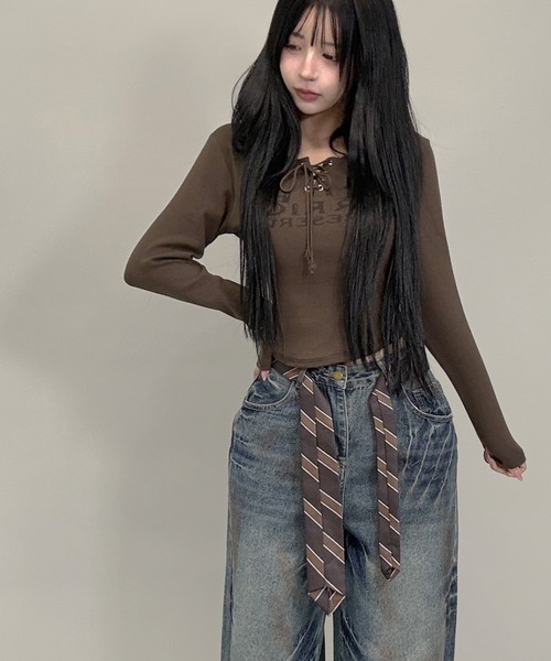 FOLLOWIN（フォロウィン）の「２color/ネクタイベルト付きヴィンテージウォッシュ ワイドデニム（デニムパンツ・レディース・ブラック/ブルー・SMALL/MEDIUM/LARGE）」の19枚目の写真