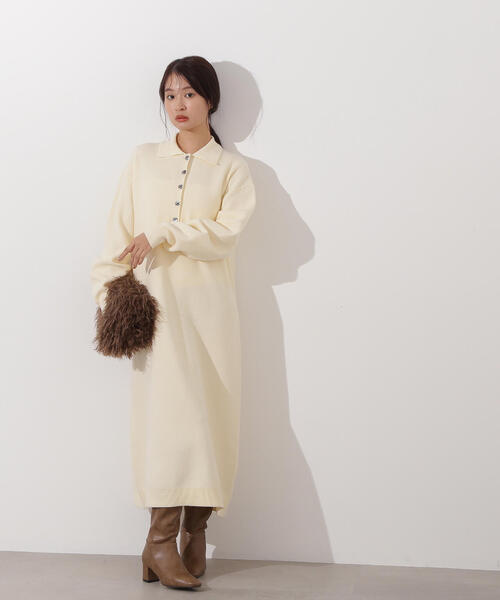 N.（N. Natural Beauty Basic）（エヌエヌナチュラルビューティーベーシック）の「スキッパーネックニットワンピース（ワンピース・レディース・チャコールグレー/オフホワイト/キャメル・MEDIUM）」の5枚目の写真